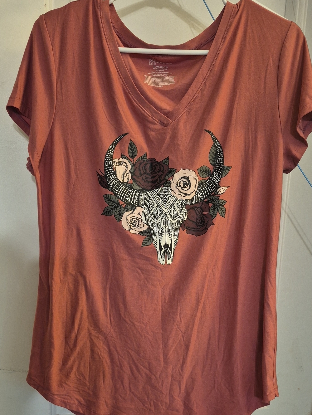 No Boundaries Rust V-Neck Tee with Floral Bull Skull Graphic